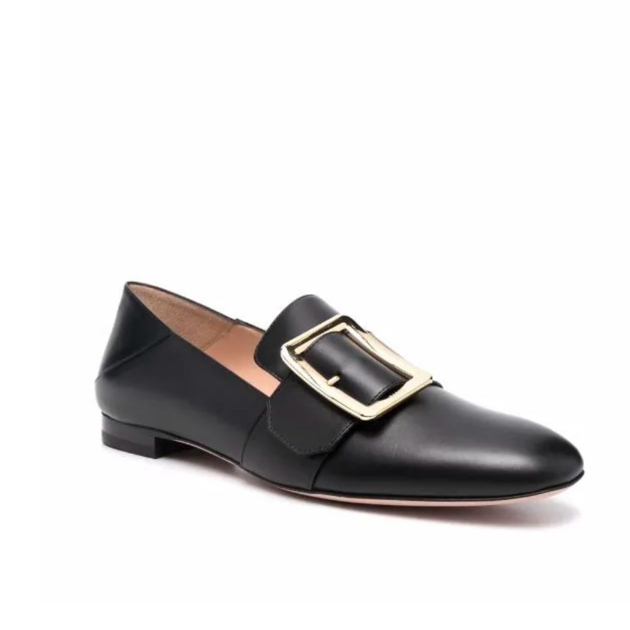 Bally Janelle Black Leather Loafers With Gold Buckle